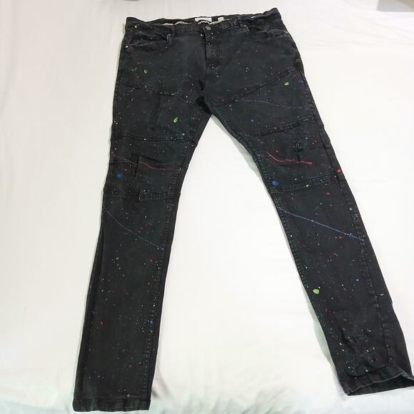 FWRD Denim 42 black skinny jeans paint splatter effect inseam 34 inset knees - Picture 4 of 12